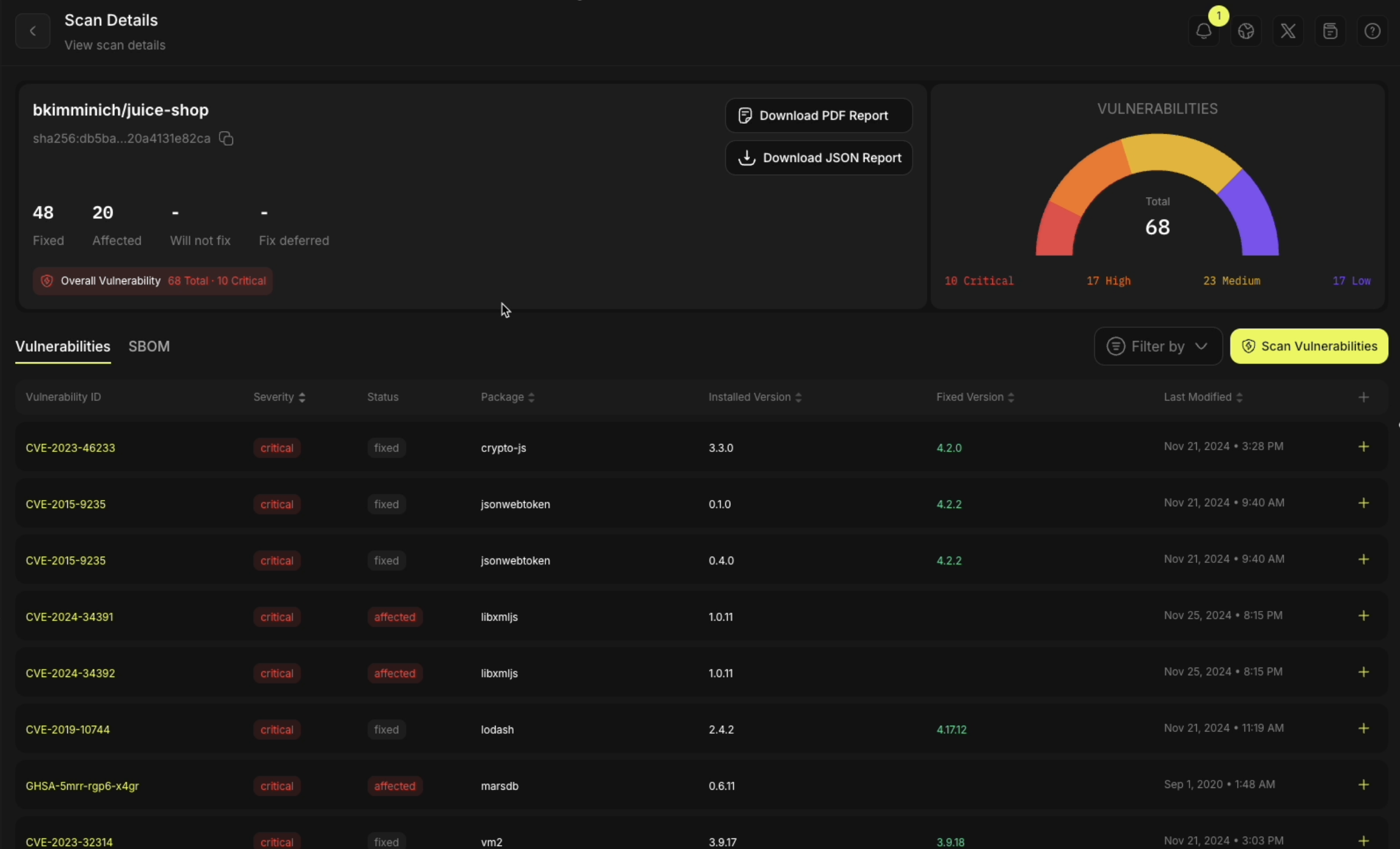 Image showing details of the vulnerability issues detected and severity statuses of the issues with a resource scanned by the NodeOps network Dashboard