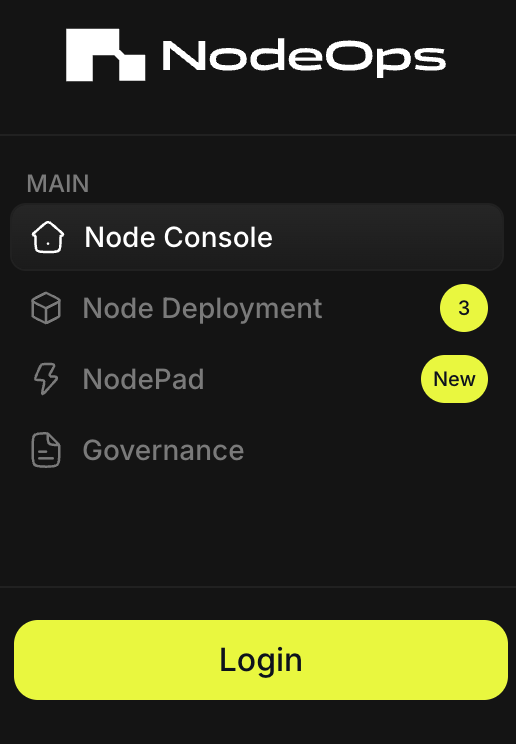 Log in or sign up to the NodeOps Node as a Service DePIN compute layer no code dashboard using the log in button