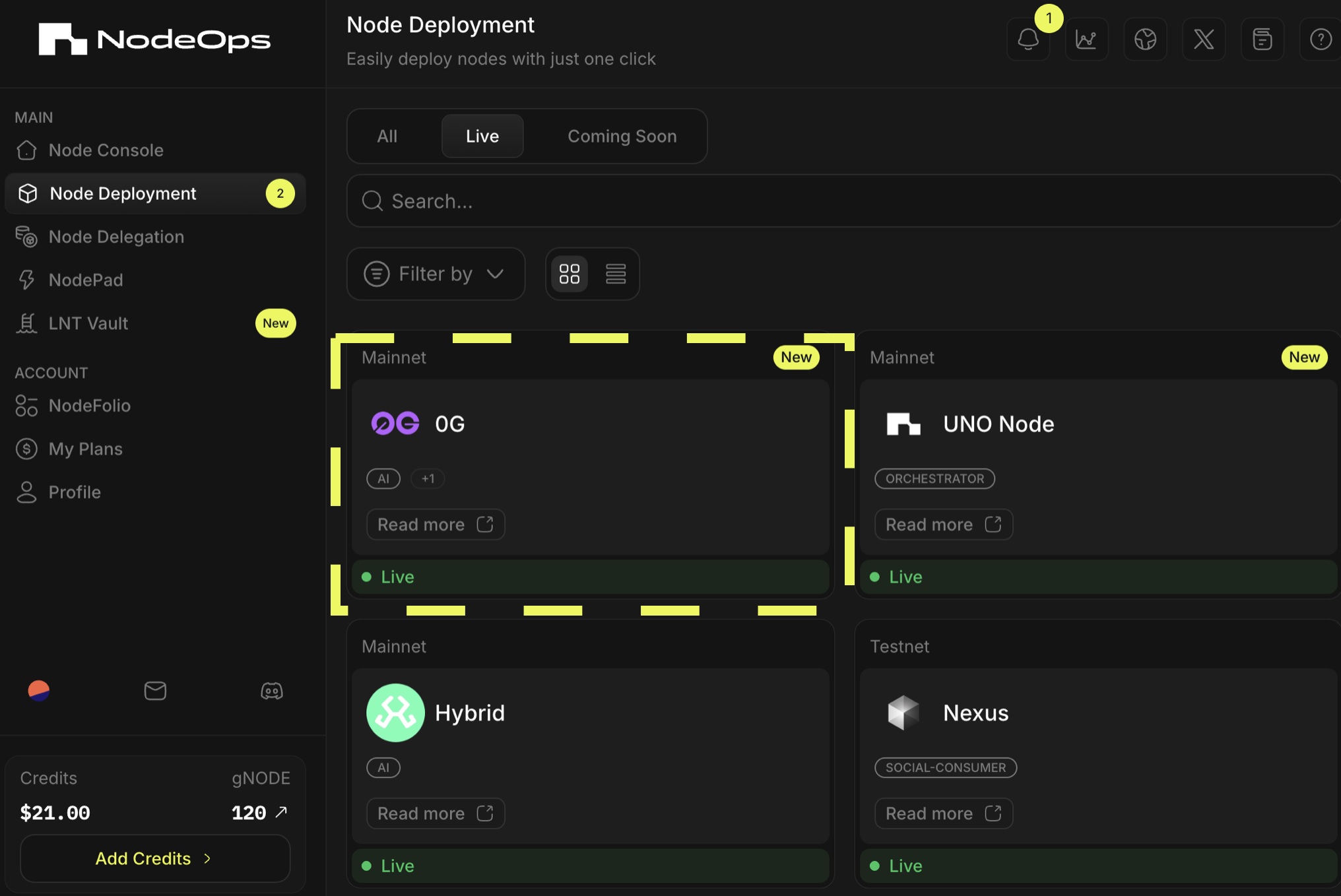 Logged into NodeOps Console, navigate to Node Deployment on the left side menu and select 0G to begin the process of subscribing to run a managed 0G Alignment Node.