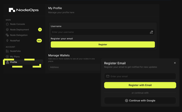Register an email to be associated with your NodeOps Console account.