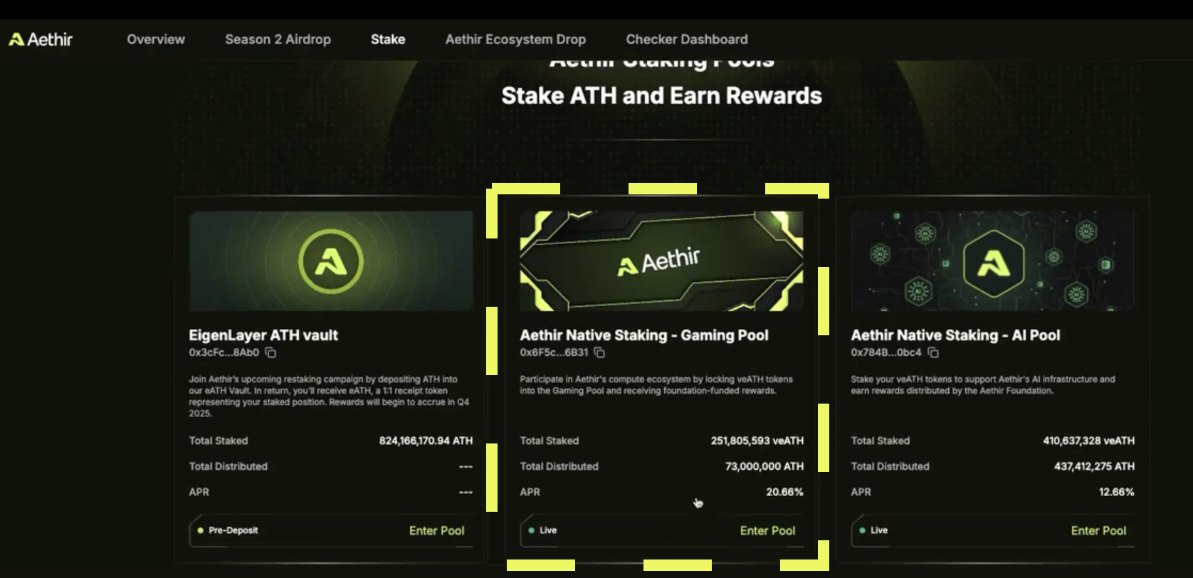 Select the correct staking pool: Aethir Native Staking - Gaming Pool 