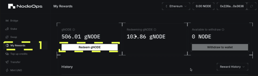 Convert gNODE rewards into $NODE the NodeOps Network utility token with preferential unlocks for extended redemption periods