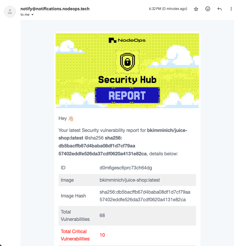 An email alert from a completed NodeOps vulnerability scan