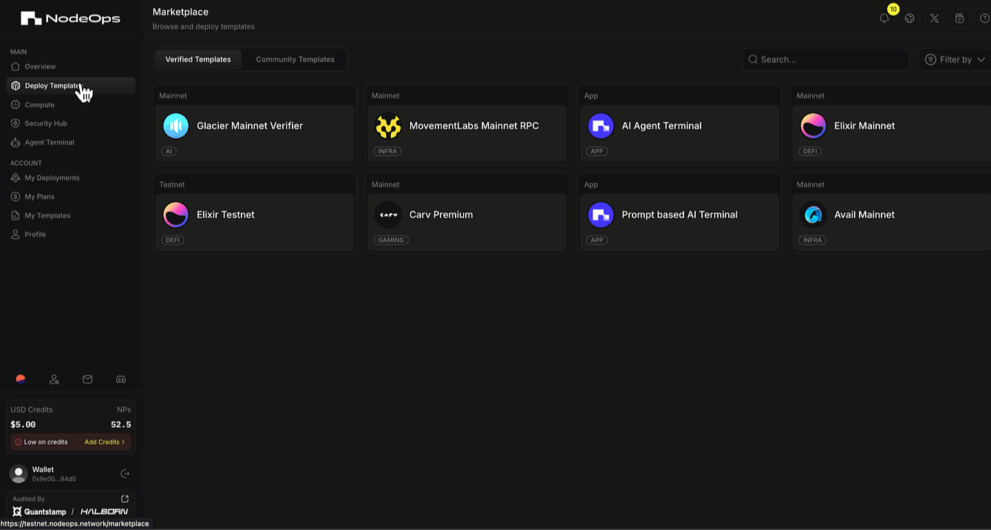Select and pay for template from NodeOps Network Marketplace